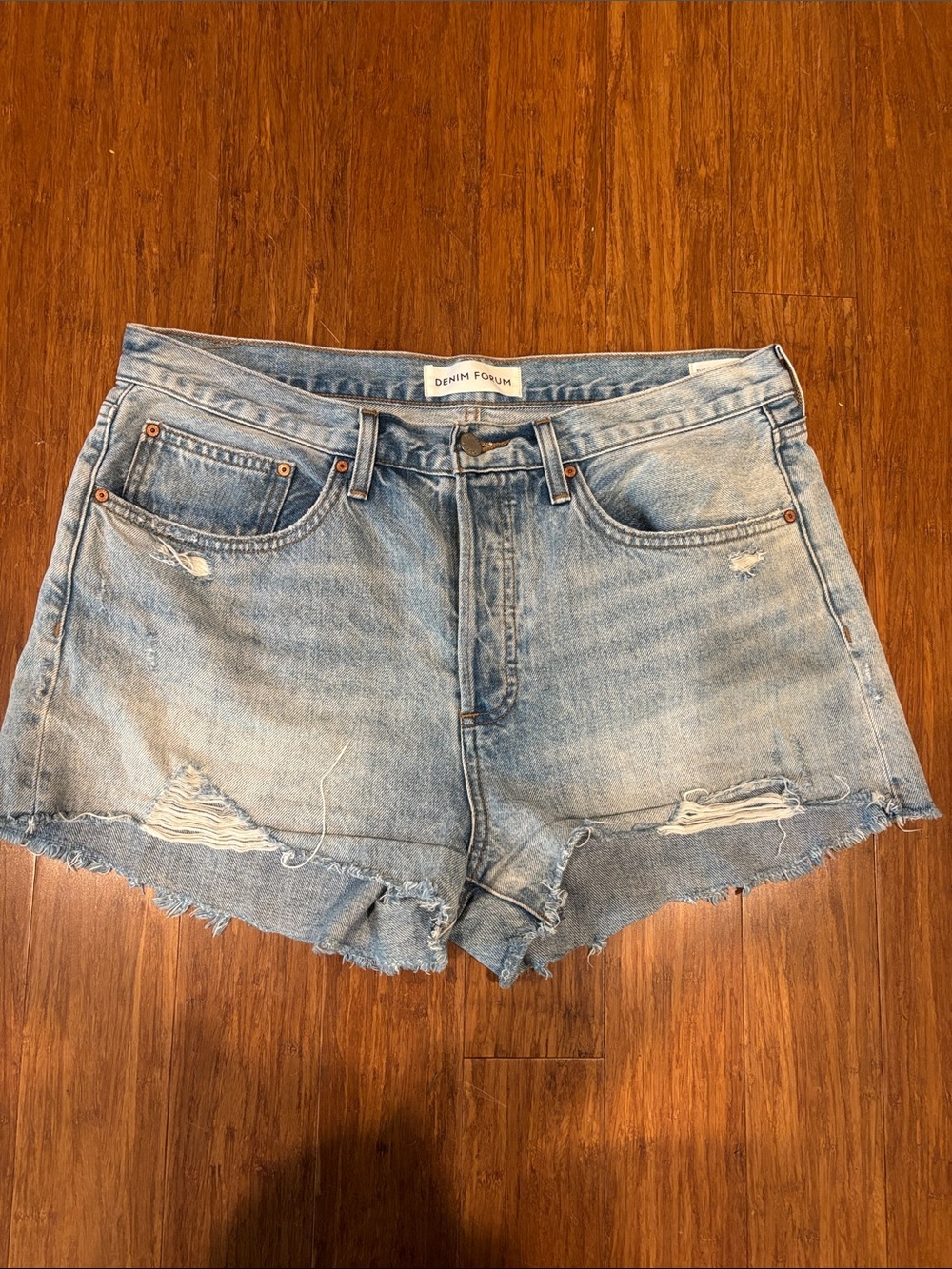 Denim Forum Pale Blue Distressed High-Rise Jean Shorts